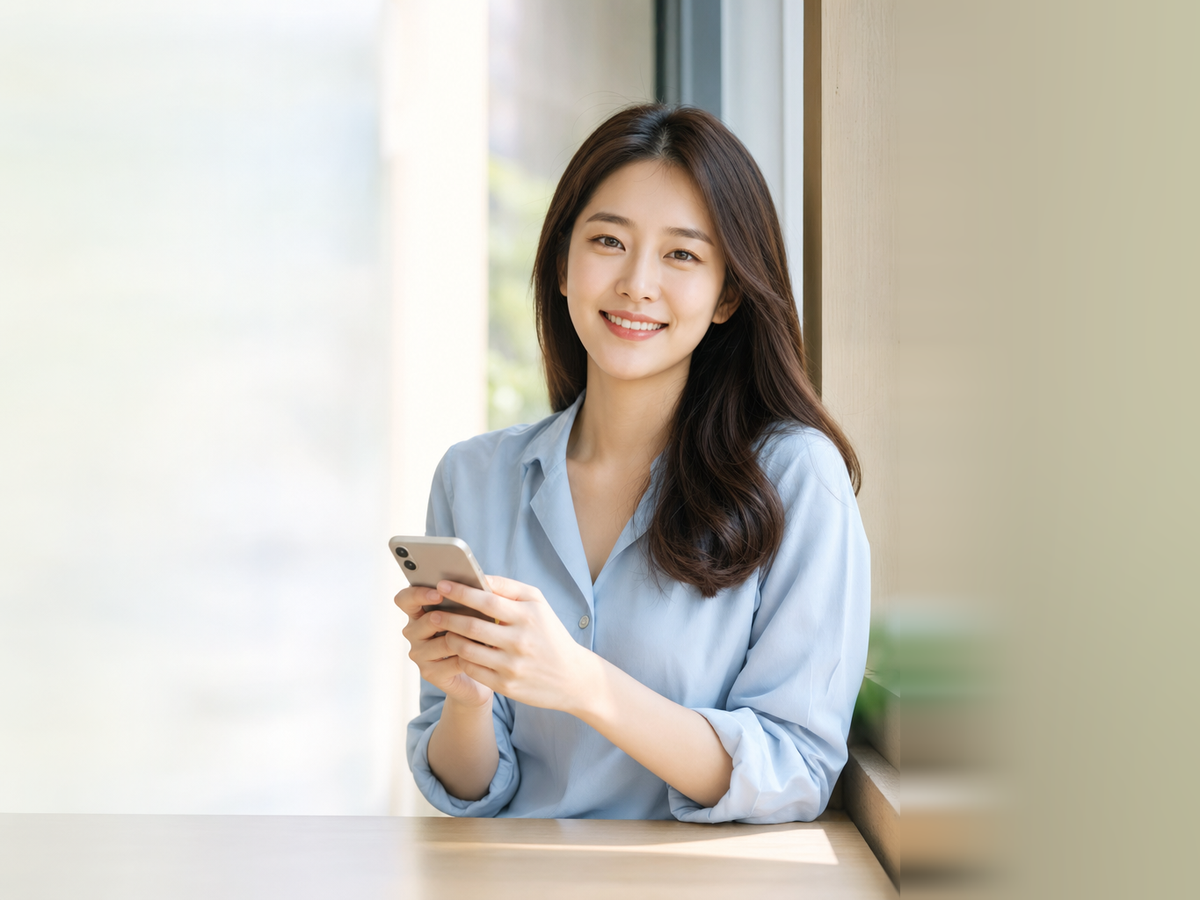 다음머니 쿠팡카드깡 창 옆 탁자에 앉아 휴대폰을 든 여성 고객